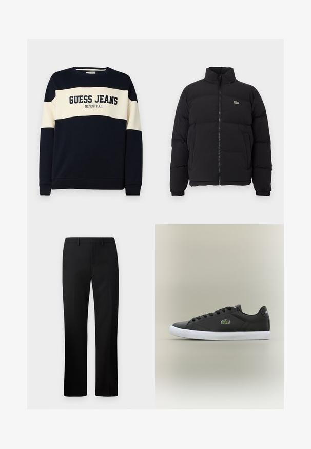 Zwarte pufferjack met een hoge kraag, voorrits en een klein groen logo. Bevat doorgestikte secties en elastische manchetten.; Marineblauwe sweatshirt met een beige horizontale stip, voorzien van de tekst "GUESS JEANS" en het detail "SINCE 1981". Gemaakt van zacht katoen.; Zwarte op maat gemaakte broek met een rechte pijpdesign, gemaakt van gladde stof. Kenmerken zijn onder andere een platte voorkant en een middelhoge tailleband.; Zwarte leren sneakers met een witte rubberen zool, voorzien van een groen krokodil logo en ronde veters, slank ontwerp met een gladde textuur.