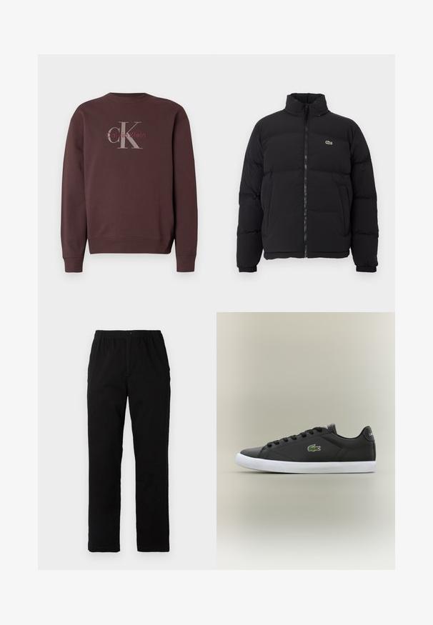 Čierna páperová bunda s vysokým golierom, predným zipsom a malým zeleným logom. Obsahuje prešívané sekcie a elastické manžety.; Hnedá mikina s okrúhlym výstrihom. Na chrbte má šedé a bordové logo "Calvin Klein". Mäkká látka s rebrovanými manžetami a lemom.; Čierne nohavice vyrobené z bavlnenej zmesi, so strihom rovného strihu, elastickým pásom s gombíkom a bez viditeľných vzorov alebo akcentov.; Čierne kožené tenisky s bielou gumovou podrážkou, s logom zeleného krokodíla a okrúhlymi šnúrkami, elegantný dizajn s hladkou textúrou.