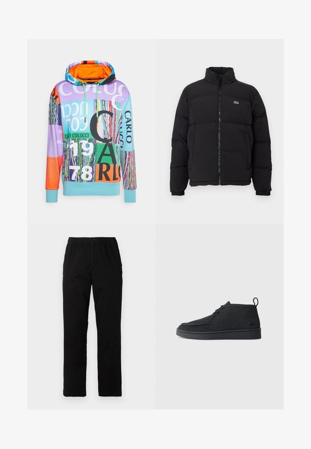 Casaco puffer preto com gola alta, fecho na frente e um pequeno logótipo verde. Apresenta secções acolchoadas e punhos elásticos.; Carlo Colucci HOODIE - Camisola - lila; Calças pretas feitas de um tecido de algodão misto, com corte reto, cintura elástica com botão e sem padrões ou detalhes visíveis.; Botim de tornozelo em camurça preta, com atacadores, aba na parte traseira e sola texturizada, apresentando um pequeno logótipo de crocodilo em relevo na lateral.
