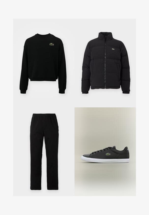 Fekete puffernadrág magas gallérral, elülső cipzárral és egy kicsi zöld logóval. Steppelt részekkel és rugalmas mandzsettákkal rendelkezik.; Fekete, rövidített kapucnis pulóver pamut keverékből, hosszú ujjakkal és zöld hímzett krokodilmotívummal a mellkason.; Fekete pamut keverék anyagú nadrág, egyenes szabású, rugalmas derékrésszel és gombbal, látható minták vagy díszítések nélkül.; Fekete bőr sportcipők fehér gumitalppal, zöld krokodil logóval és kerek fűzőkkel, elegáns dizájn sima felülettel.
