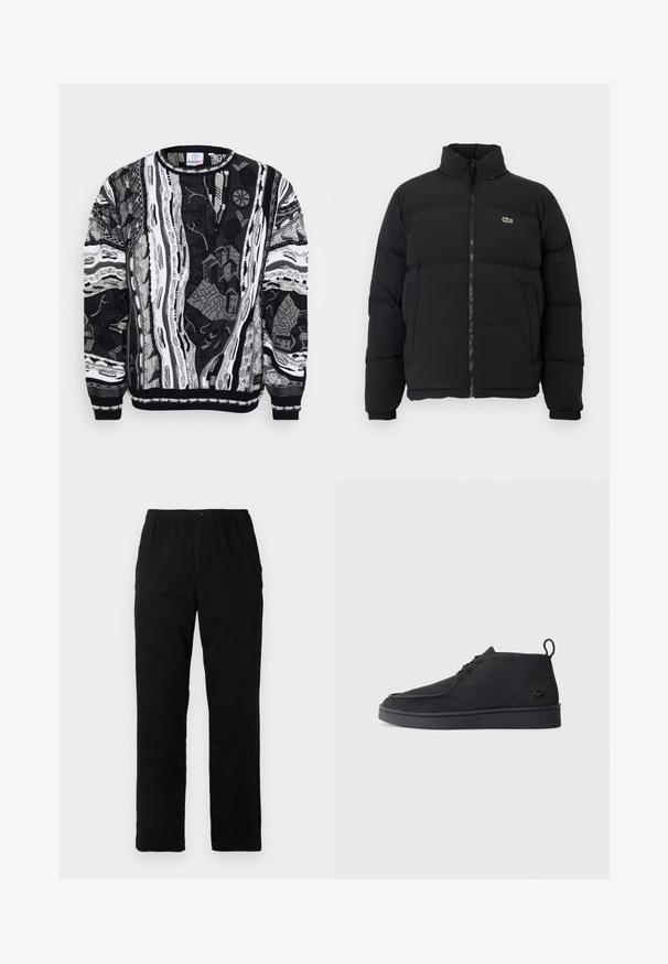 Melnā pūkainā jaka ar augstu apkakli, priekšējo rāvējslēdzēju un mazu zaļu logotipu. Iezīmējas ar kviltētām sekcijām un elastīgām aprocēm.; Melnā un baltā svītra ar sarežģītām rakstām, kas ietver pilsētas ainavas un abstrahētus dizainus. Adīta tekstūra ar ribinātām aprocēm un apkakli.; Melnas bikses no kokvilnas maisījuma auduma, ar taisnu griezumu, elastīgu jostasvietu ar pogu un bez redzamām rakstu vai akcentiem.; Melna zamša kurpīte ar auklēm līdz potītei, ar ievelkamu cilpu un struktūru zoli, kurai sānos ir neliels, reljefs krokodila logo.