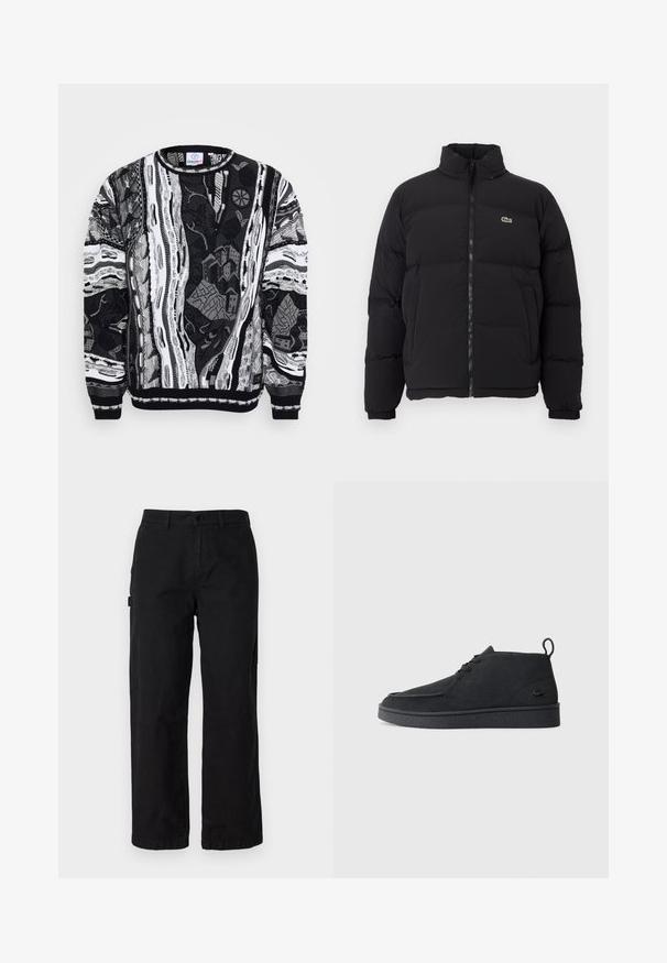 Schwarze Pufferjacke mit hohem Kragen, Frontreißverschluss und kleinem grünen Logo. Verfügt über gesteppten Bereiche und elastische Bündchen.; Schwarz-weißer Pullover mit komplexen Mustern, die Stadtszenen und abstrakte Designs zeigen. Stricktextur mit gerippten Bündchen und Halsauschnitt.; Schwarze Baumwoll-Cargohosen mit geradem Bein, ausgestattet mit Seitentaschen und einem vorderen Knopfverschluss. Langlebiger Stoff mit einer glatten Textur.; Schwarze Wildleder Schnürstiefelette mit Zuglasche und strukturiertem Boden, ausgestattet mit kleinem eingeprägtem Krokodil-Logo an der Seite.