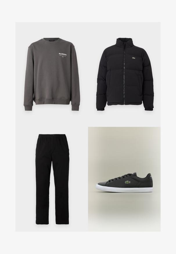 Casaco puffer preto com gola alta, fecho na frente e um pequeno logótipo verde. Apresenta secções acolchoadas e punhos elásticos.; Sweatshirt cinza feito de tecido suave, apresentando um decote redondo e mangas compridas. Inclui um pequeno logotipo branco no lado esquerdo do peito.; Calças pretas feitas de um tecido de algodão misto, com corte reto, cintura elástica com botão e sem padrões ou detalhes visíveis.; Tênis de couro preto com sola de borracha branca, apresentando um logotipo de crocodilo verde e cadarços redondos, design elegante com textura suave.