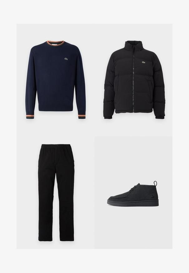 Svart pufferjacka med hög krage, framdragkedja och en liten grön logotyp. Har quiltade sektioner och elastiska ärmslut.; Marinblå tröja med rund hals, ribbade ärmslut med gröna, orange och vita ränder, samt en liten broderad logotyp på bröstet.; Svarta byxor i en blandning av bomull, med rak passform, elastisk midja med knapp och utan synliga mönster eller accenter.; Svart mocka snörning ankle boot med dragtab och strukturerad sula, med en liten präglad krokodil-logotyp på sidan.