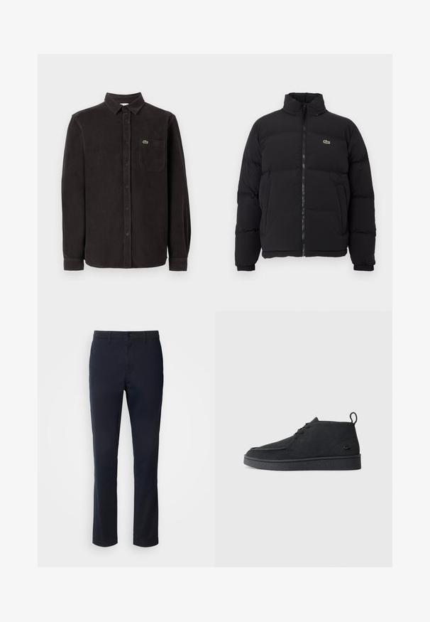 Mustapuffatakki korkealla kauluksella, edessä vetoketju ja pieni vihreä logo. Sisältää tikattuja osia ja joustavat hihansuut.; Mustapileinen corduroy-paita pitkillä hihoilla, napitettava kaulus, etutasku ja pieni vihreä logo vasemmalla ylhäällä.; Tummansinisiä housuja, jotka on valmistettu sileästä kankaasta. Housuissa on suora lahje, vyölenkit ja nappikiinnitys vetoketjulla.; Mustat mokka nauhalla suljettavat nilkkasaappaat, joissa on vetotappi ja teksturoitu pohja, sekä pieni kohokuvioitu krokotiililogo sivulla.