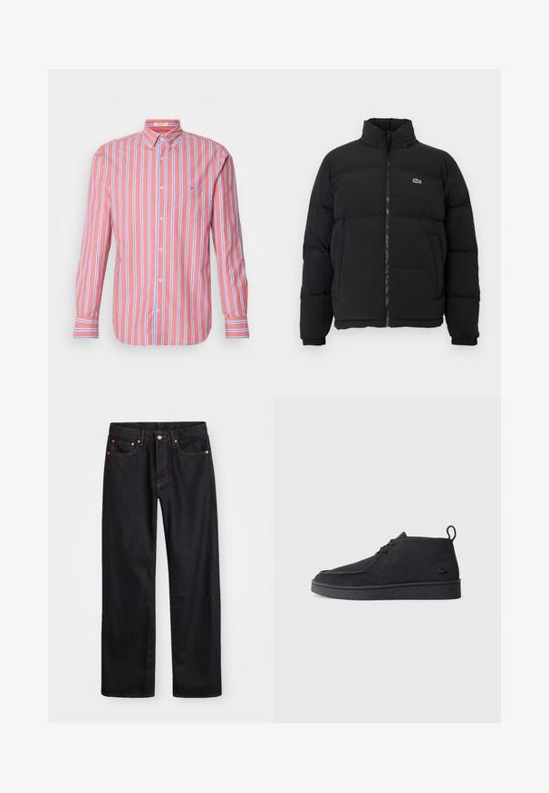 Casaco puffer preto com gola alta, fecho na frente e um pequeno logótipo verde. Apresenta secções acolchoadas e punhos elásticos.; Camisa de manga longa com riscas em rosa claro, riscas verticais azuis e brancas, colarinho abotoado e um único bolso no peito. Material em algodão.; Calças de ganga pretas para homem, de pernas retas, com cinco bolsos e costura laranja, fecho de botão e zíper na cintura da frente.; Botim de tornozelo em camurça preta, com atacadores, aba na parte traseira e sola texturizada, apresentando um pequeno logótipo de crocodilo em relevo na lateral.