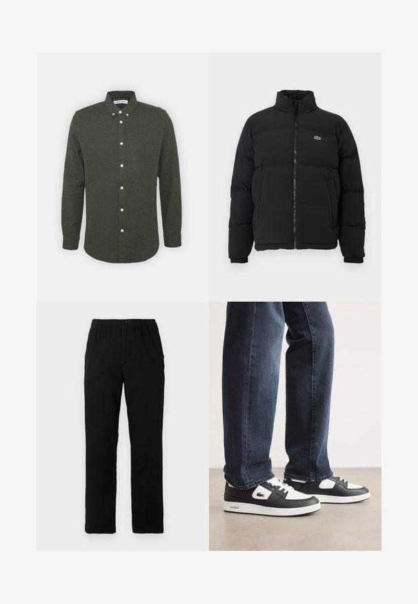 Black puffer jacket with a high collar, front zipper, and a small green logo. Features quilted sections and elasticized cuffs.; Dark green button-up shirt with a collar, long sleeves, and white buttons. Soft, textured fabric with a slightly curved hem.; Black pants made of cotton blend fabric, featuring a straight cut, elastic waistband with button, and no visible patterns or accents.; Black and white Lacoste sneakers with a textured leather upper, featuring a lace-up design and a white rubber outsole. Worn with dark jeans.