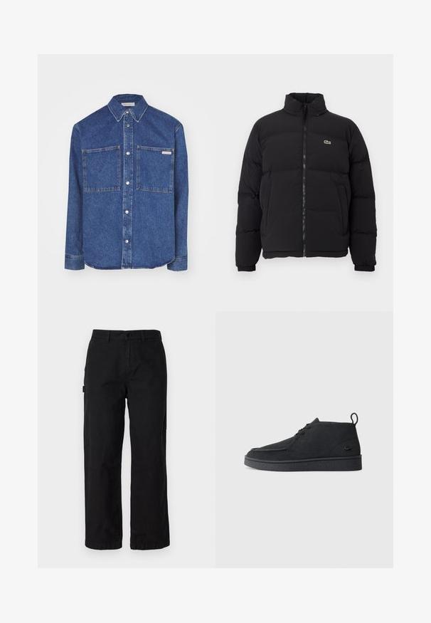 Mustapuffatakki korkealla kauluksella, edessä vetoketju ja pieni vihreä logo. Sisältää tikattuja osia ja joustavat hihansuut.; Calvin Klein Jeans REGULAR LINEAR - Vapaa-ajan kauluspaita - blue denim medium; Musta puuvillakankainen cargo-housut suoranlahkeisella muotoilulla, jossa on sivutaskut ja edessä nappikiinnitys. Kestävä kangas, jossa on sileä tekstuuri.; Mustat mokka nauhalla suljettavat nilkkasaappaat, joissa on vetotappi ja teksturoitu pohja, sekä pieni kohokuvioitu krokotiililogo sivulla.