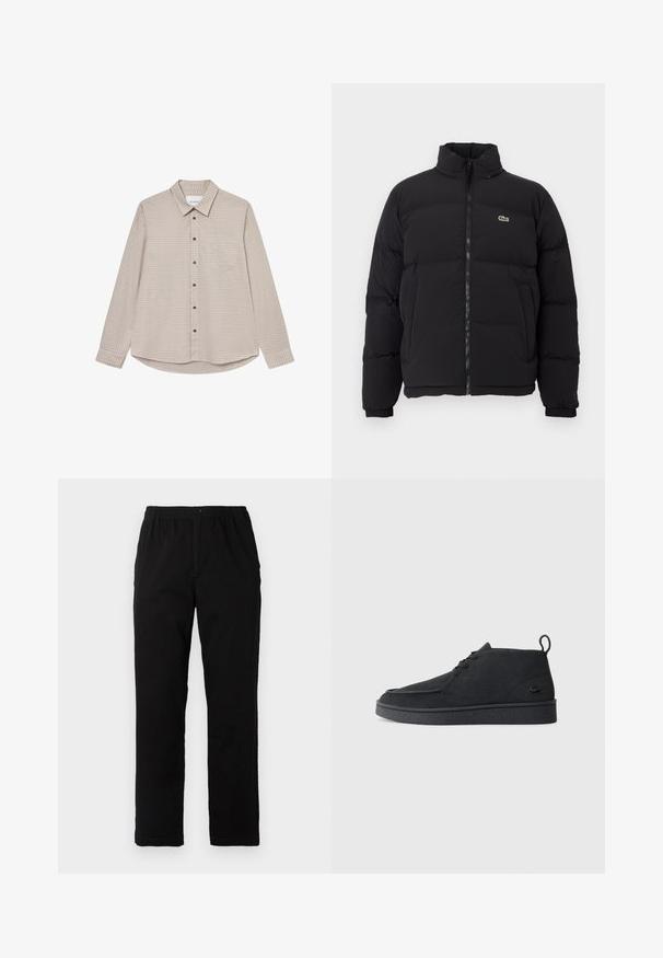 Mustapuffatakki korkealla kauluksella, edessä vetoketju ja pieni vihreä logo. Sisältää tikattuja osia ja joustavat hihansuut.; Ruskea ja beige ruutukuosisella pitkähihaisella paidalla, jossa on nappikaulus, etutasku ja ruskeat napit, sekä kaareva helma.; Mustat housut, jotka on valmistettu puuvilla-sekoitekankaasta, suoran mallin, joustavan vyötärönauhan ja napin kanssa, ilman näkyviä kuvioita tai yksityiskohtia.; Mustat mokka nauhalla suljettavat nilkkasaappaat, joissa on vetotappi ja teksturoitu pohja, sekä pieni kohokuvioitu krokotiililogo sivulla.