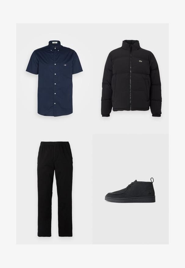 Giacca piumino nera con colletto alto, zip frontale e un piccolo logo verde. Presenta sezioni trapuntate e polsini elasticizzati.; Camicia a maniche corte blu navy in tessuto di cotone, con tasca dotata di un piccolo logo e colletto alla francese con chiusure a bottoni.; Pantaloni neri realizzati in un tessuto misto cotone, caratterizzati da un taglio dritto, vita elastica con bottone e senza motivi o dettagli visibili.; Stivale alla caviglia in suede nero con lacci, dotato di una linguetta per il tiraggio e suola testurizzata, caratterizzato da un piccolo logo a forma di coccodrillo embossato sul lato.