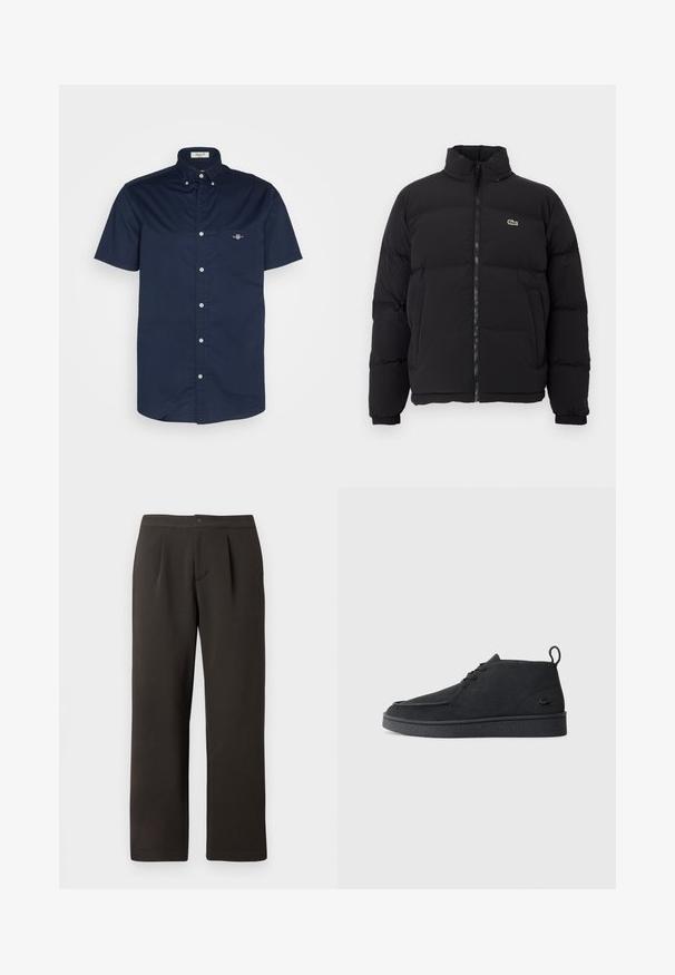 Μαύρο μπουφάν πούφφας με ψηλό γιακά, μπροστινό φερμουάρ και μικρό πράσινο λογότυπο. Διαθέτει καπιτονέ τμήματα και ελαστικούς καρπούς.; Μπλε ναυτικού κοντομάνικο πουκάμισο με κουμπιά από βαμβακερό ύφασμα, περιλαμβάνοντας τσέπη με μικρό λογότυπο και γιακά με κουμπιά.; Σκούρο καφέ παντελόνι με ίσια γραμμή, επίπεδο εμπρός, δύο πιέτες και κλείσιμο με κουμπί. Κατασκευασμένο από λείο ύφασμα με ελαφριά υφή.; Μαύρη σουέτ μποτάκι ankle με κορδόνια, με θηλιά και υφασμένο πάτο, διαθέτοντας μικρό ανάγλυφο λογότυπο κροκόδειλου στο πλάι.