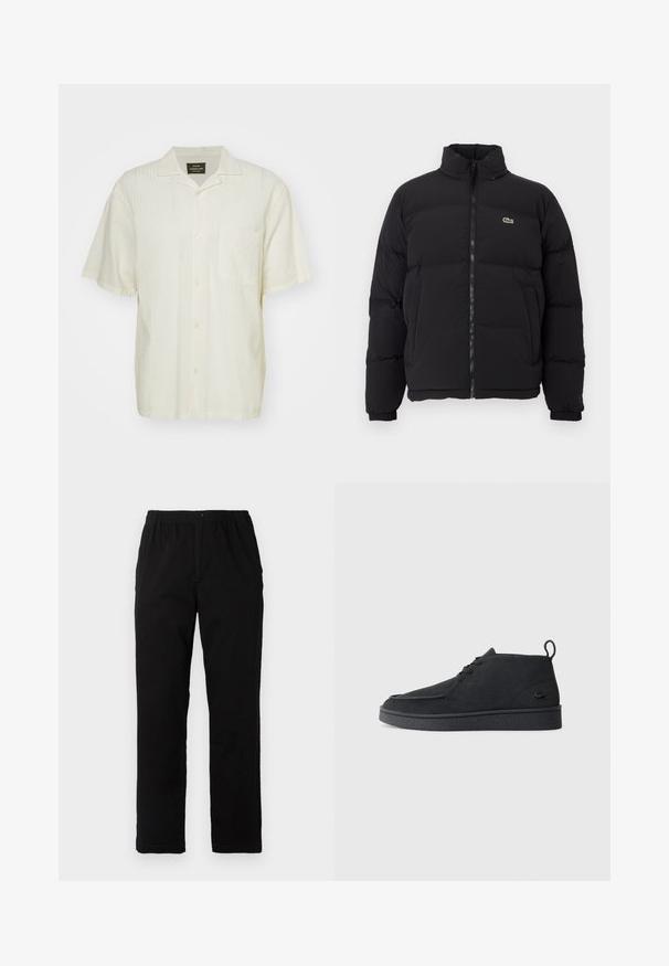 Sort puffer-jakke med høj krave, frontlynlås og et lille grønt logo. Har quiltede sektioner og elastiske manchetter.; Kortærmet, lys beige skjorte med et struktureret mønster, knap-frontend og en enkelt brystlomme. Stoffet ser let og åndbart ud.; Sorte bukser lavet af en bomuldsblandingsstof, med lige snit, elastisk talje med knap, og uden synlige mønstre eller detaljer.; Sort ruskind snørebånds ankelstøvle med grebsløjfe og struktureret sål, der har et lille præget krokodillelogo på siden.