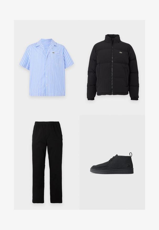 Juodas pūkinis švarkas su aukštu apykakle, priekiniais užtrauktuku ir maža žalia emblema. Yra siūtos dalys ir elastingi rankogaliai.; Šviesiai mėlynas trumpomis rankovėmis marškinis su baltais vertikaliais dryžiais ir priekinėmis kišenėmis, kurių viena papuošta mažuoju išsiuvinėtu krokodilo logotipu.; Juodi kelnės, pagamintos iš medvilnės mišinio, su tiesiomis kirpimo linijomis, elastingu liemeniu su mygtuku ir be aiškių raštų ar akcentų.; Juodas zomšinės odo aulinukas su raišteliais, turintis traukimą ir tekstūruotą pado dalį, su mažuoju įspaustu krokodilo logotipu šone.