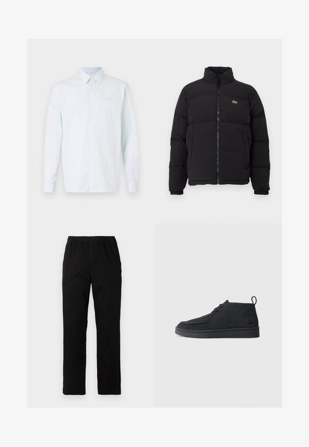 Jachetă pufă neagră cu guler înalt, fermoar frontal și un mic logo verde. Prezintă secțiuni quilted și mânși elasticizate.; Cămașă cu dungi albastre deschise și albe, cu mâneci lungi, cu nasturi la față, guler ascuțit, material moale, având un mic logo pe piept.; Pantaloni negri dintr-un material textil amestecat de bumbac, cu croială dreaptă, talie elastică cu nasture și fără modele sau accente vizibile.; Cizme de gleznă din suede negru, cu șireturi, având un tab de prindere și o talpă texturată, prezentând un mic logo de crocodil embossat pe lateral.