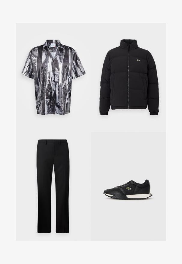 Black puffer jacket with a high collar, front zipper, and a small green logo. Features quilted sections and elasticized cuffs.; Short-sleeve button-up shirt in black and white with a textured snake pattern, featuring a relaxed collar and smooth fabric finish.; Black tailored trousers with a straight leg design, made from smooth fabric. Features include a flat front and mid-rise waistband.; Black sneakers with a smooth leather finish, featuring a textured rubber sole, white midsole, and a green embroidered logo on the side.