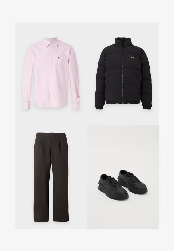 Mustapuffatakki korkealla kauluksella, edessä vetoketju ja pieni vihreä logo. Sisältää tikattuja osia ja joustavat hihansuut.; Paita pitkähihaiseen vaaleanpunaisissa ja valkoisissa pystysuorissa raidoissa. Varustettu kauluksella, nappisuljennolla ja pienellä vihreällä logolla rintataskussa.; Tummanruskeat suorat lahkeet, joissa on litteä etuosa, kaksi laskosta ja napin suljenta. Valmistettu sileästä kankaasta, jossa on pieni tekstuuri.; Mustat lenkkarit, jotka on valmistettu sileästä nahasta ja joissa on pehmeä pohja. Ominaisuuksiin kuuluvat tasaiset nauhat, rei'itykset varpaassa ja huoliteltu siluetti.