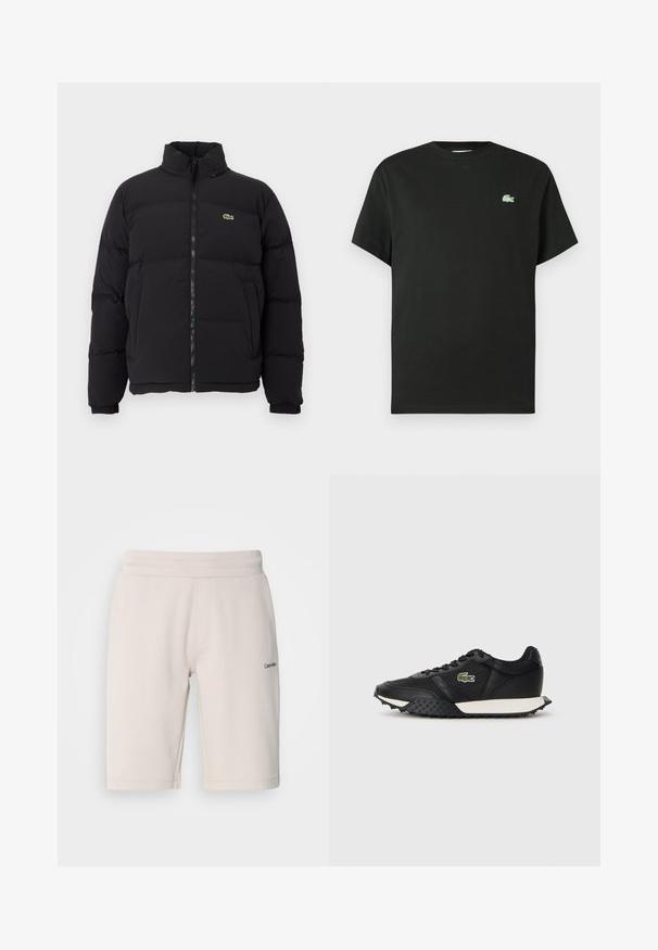 Must küll puffer-jope kõrge kraega, esine tõmblukk ning väike roheline logo. Omab tikitud osi ja elastseid mansette.; Mustast puuvillasest lühikeste varrukatega t-särk, ümara kaelusega ja vasakul rinnal rohelise tikandiga logoga. Sile tekstuur, lõõgastav lõige.; Kerged beezžikarehm ja puuvilla segu, millel on elastne vöökoht, küljetaskud ja väike must logo detail ühel jalal.; Mustad mustad spordijalatsid sileda nahkviimistlusega, tekstuurse kummitaldiga, valge vahevaibaga ja rohelise brodüüritud logoga küljele.