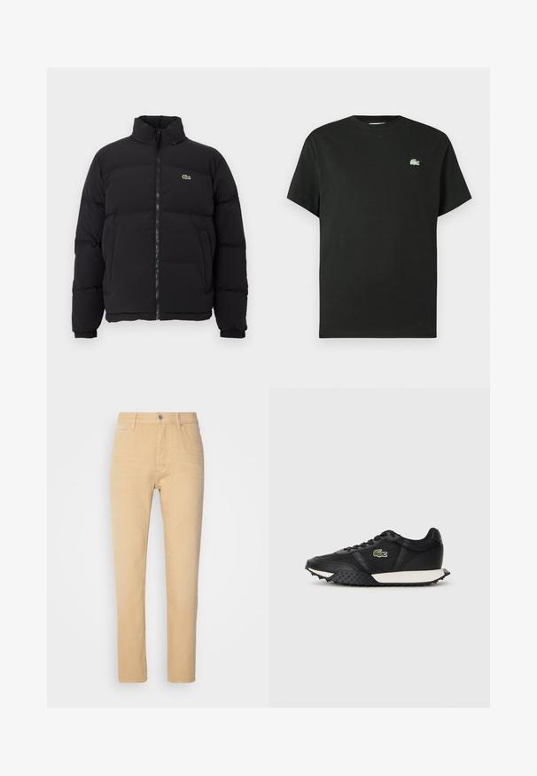 Black puffer jacket with a high collar, front zipper, and a small green logo. Features quilted sections and elasticized cuffs.; Black cotton t-shirt with a crew neck, short sleeves, and a green embroidered logo on the left chest. Smooth texture, relaxed fit.; Beige cotton trousers with a slim fit, featuring a five-pocket design, front button closure, and subtle texture.; Black sneakers with a smooth leather finish, featuring a textured rubber sole, white midsole, and a green embroidered logo on the side.