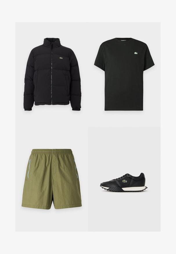 Black puffer jacket with a high collar, front zipper, and a small green logo. Features quilted sections and elasticized cuffs.; Black cotton t-shirt with a crew neck, short sleeves, and a green embroidered logo on the left chest. Smooth texture, relaxed fit.; Olive green shorts with an elastic waistband, side zipper pockets, and a lightweight, textured fabric.; Black sneakers with a smooth leather finish, featuring a textured rubber sole, white midsole, and a green embroidered logo on the side.