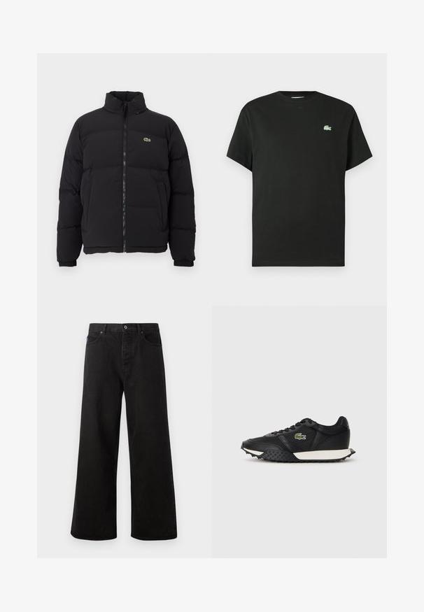 Jachetă pufă neagră cu guler înalt, fermoar frontal și un mic logo verde. Prezintă secțiuni quilted și mânși elasticizate.; Tricou negru din bumbac cu guler rotund, mâneci scurte și un logo verde brodat pe partea stângă a pieptului. Textură netedă, croială lejeră.; Pantaloni din denim negri cu croială largă, cu închidere prin nasture, cinci buzunare și cusături contrastante. Partea din față are un eticheta a mărcii pe brâu.; Adidași negri cu un finisaj din piele netedă, având o talpă din cauciuc texturat, o talpă intermediară albă și un logo brodat verde pe lateral.