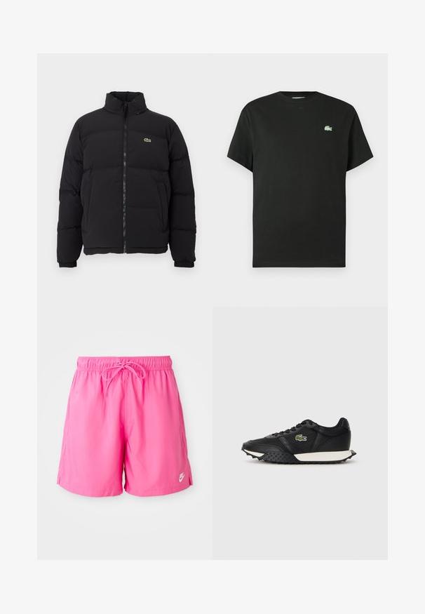 Casaco puffer preto com gola alta, fecho na frente e um pequeno logótipo verde. Apresenta secções acolchoadas e punhos elásticos.; T-shirt de algodão preta com decote redondo, mangas curtas e logótipo verde bordado no lado esquerdo do peito. Textura lisa, corte descontraído.; Calções de atletismo cor-de-rosa com uma cintura elástica e cordão. Feitos de material leve, apresentam aberturas laterais e um pequeno detalhe com logo.; Ténis pretos com acabamento em pele lisa, apresentando uma sola de borracha texturizada, entressola branca e um logótipo bordado verde de um lado.