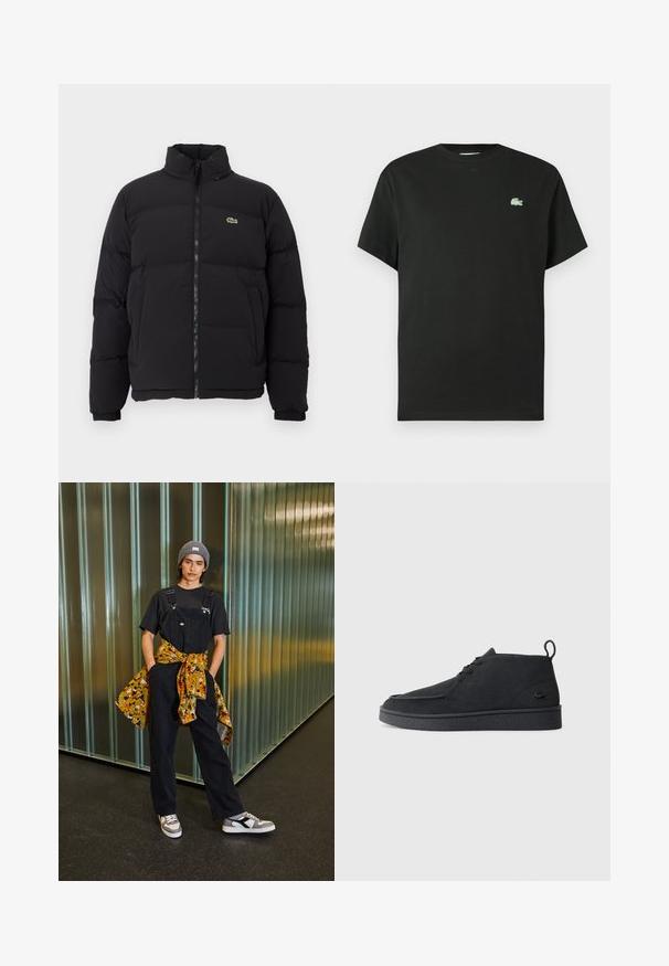 Juodas pūkinis švarkas su aukštu apykakle, priekiniais užtrauktuku ir maža žalia emblema. Yra siūtos dalys ir elastingi rankogaliai.; Juoda medvilninė marškinėliai su apvalia iškirpte, trumpomis rankovėmis ir žaliu siuvinėjimu ant kairės krūtinės. Lygus audinys, laisvas fasonas.; Juodi džinsiniai kombinezonai su reguliuojamomis petnešomis, derinami su juoda marškinėliais ir daugiakampiu raštų marškiniais, surištais ties liemeniu. Pilkas skrybėlė ir sportbačiai.; Juodas zomšinės odo aulinukas su raišteliais, turintis traukimą ir tekstūruotą pado dalį, su mažuoju įspaustu krokodilo logotipu šone.