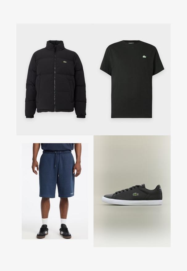 Doudoune noire avec un col haut, une fermeture éclair à l'avant et un petit logo vert. Comprend des sections matelassées et des poignets élastiqués.; T-shirt en coton noir avec col rond, manches courtes, et un logo vert brodé sur le côté gauche de la poitrine. Texture lisse, coupe décontractée.; Shorts en coton bleu marine avec une taille élastique, cordon de serrage, poches latérales et logo "GUESS" sur l'ourlet avant.; Baskets en cuir noir avec semelle en caoutchouc blanche, présentant un logo crocodile vert et des lacets ronds, au design élégant avec une texture lisse.