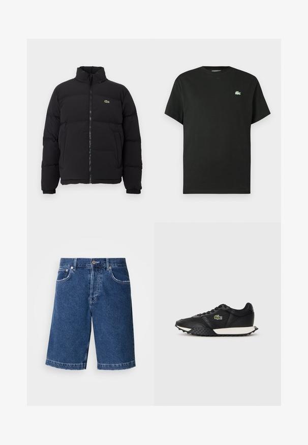Czarna kurtka puchowa z wysokim kołnierzem, przednim zamkiem błyskawicznym i małym zielonym logo. Posiada pikowane sekcje oraz elastyczne mankiety.; Czarna bawełniana koszulka z okrągłym dekoltem, krótkimi rękawami i zielonym haftowanym logo na lewej piersi. Gładka faktura, luźny krój.; Jeansowe szorty w ciemnoniebieskim kolorze, o prostym kroju, z dwiema przednimi kieszeniami i klasycznym zapięciem na guzik. Szwedzi z lekko wyblakłym wykończeniem.; Czarne sneakersy o gładkim skórzanym wykończeniu, z teksturowaną gumową podeszwą, białą podeszwą środkową oraz zielonym haftowanym logo na boku.