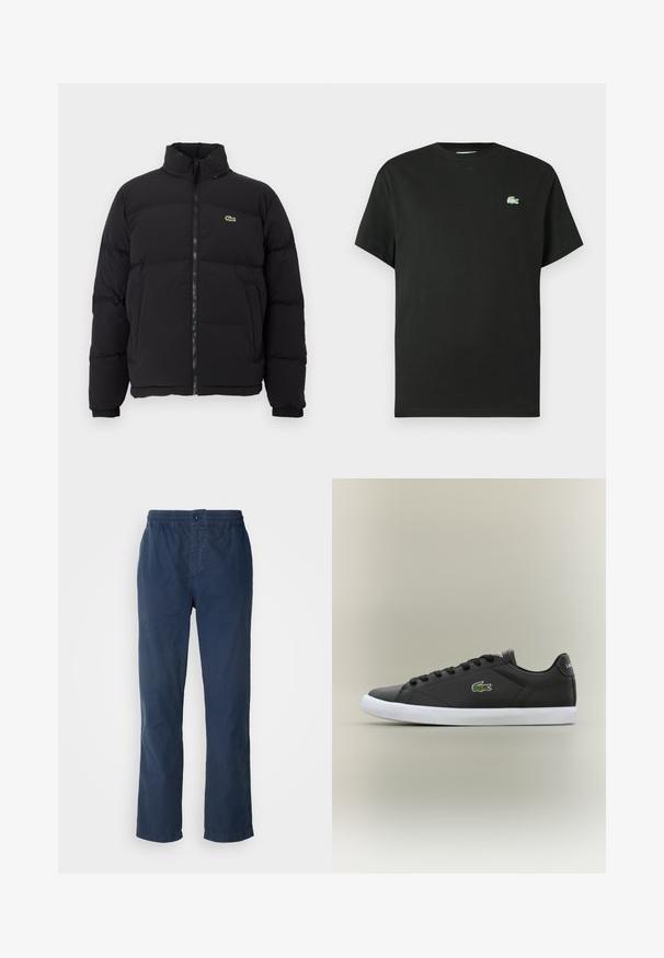 Black puffer jacket with a high collar, front zipper, and a small green logo. Features quilted sections and elasticized cuffs.; Black cotton t-shirt with a crew neck, short sleeves, and a green embroidered logo on the left chest. Smooth texture, relaxed fit.; Navy blue pants with an elastic waistband and a button closure, straight-leg design, made from lightweight, smooth fabric, no visible patterns.; Black leather sneakers with white rubber sole, featuring a green crocodile logo and round laces, sleek design with smooth texture.