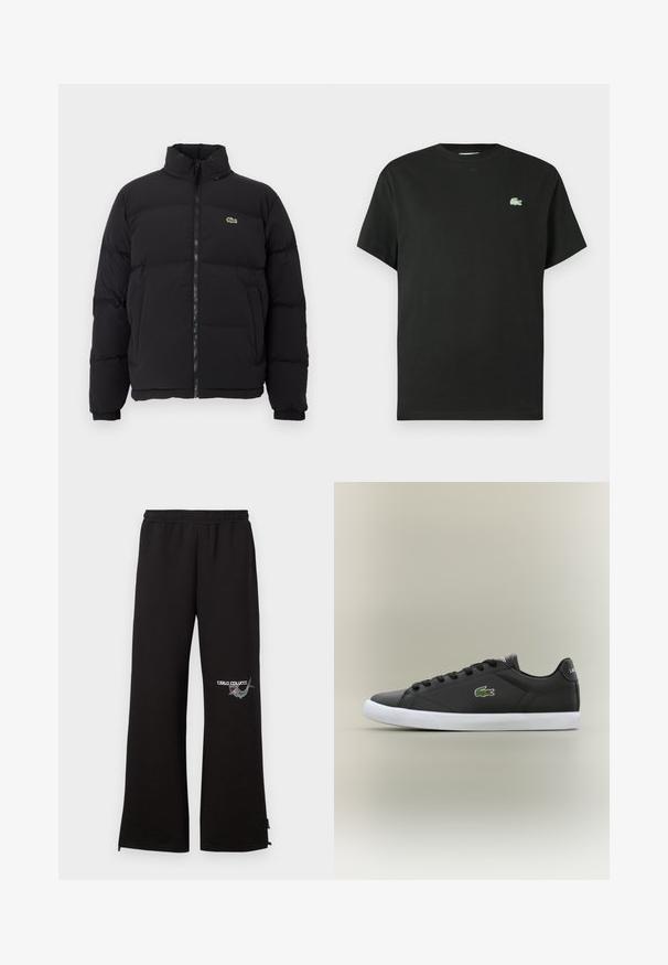 Must küll puffer-jope kõrge kraega, esine tõmblukk ning väike roheline logo. Omab tikitud osi ja elastseid mansette.; Mustast puuvillasest lühikeste varrukatega t-särk, ümara kaelusega ja vasakul rinnal rohelise tikandiga logoga. Sile tekstuur, lõõgastav lõige.; Mustad mustad, millel on elastne vöökoht, sisaldab brodeeritud logot ja graafilisi detaile vasakul jalal. Sirge lõikega, millel on vetsede avamiseks tõmblukud.; Mustad mustad nahast tennisetossud valge kummist tallaga, millel on roheline krokodillilogo ja ümmargused paelad, stiilne disain sujuva tekstuuriga.