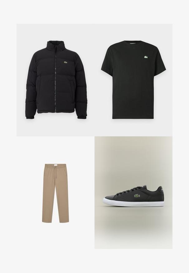 Čierna páperová bunda s vysokým golierom, predným zipsom a malým zeleným logom. Obsahuje prešívané sekcie a elastické manžety.; Čierne bavlnené tričko s okrúhlym výstrihom, krátkymi rukávmi a zeleným vyšívaným logom na ľavej strane hrudníka. Hladká textúra, voľný strih.; Krémové elastické nohavice s elastickým pásom a šnúrkou, s dvoma postrannými vreckami a rovnými nohavicami. Hladký materiál.; Čierne kožené tenisky s bielou gumovou podrážkou, s logom zeleného krokodíla a okrúhlymi šnúrkami, elegantný dizajn s hladkou textúrou.