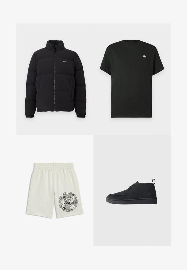Black puffer jacket with a high collar, front zipper, and a small green logo. Features quilted sections and elasticized cuffs.; Black cotton t-shirt with a crew neck, short sleeves, and a green embroidered logo on the left chest. Smooth texture, relaxed fit.; Cream-colored shorts with elastic waistband featuring a black graphic of two boxers and text "Hugo Boxing Academy 1993 Athletics" on the leg.; Black suede lace-up ankle boot with pull tab and textured sole, featuring small embossed crocodile logo on the side.