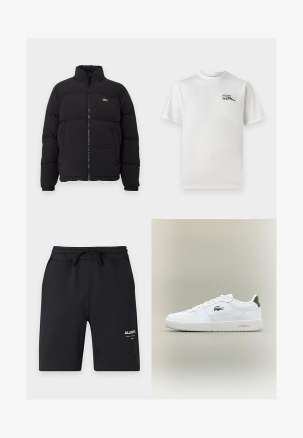 Juodas pūkinis švarkas su aukštu apykakle, priekiniais užtrauktuku ir maža žalia emblema. Yra siūtos dalys ir elastingi rankogaliai.; Baltas medvilninis marškinėliai su apykakle, trumpomis rankovėmis ir mažas siuvinėtas logotipas, vaizduojantis kalnus ir tekstą ant kairiojo krūtinės.; Juodi medvilniniai šortai su elastinga juosta, raišteliu ir baltu logotipo akcentu. Lygus audinys ir kelio ilgio dizainas.; Balti odiniai sportbačiai su lygiu paviršiumi, žaliais akcentais ant kulno ir žalia logotipu šone. Siūlo plokščią pado struktūrą ir apvalią nosį.