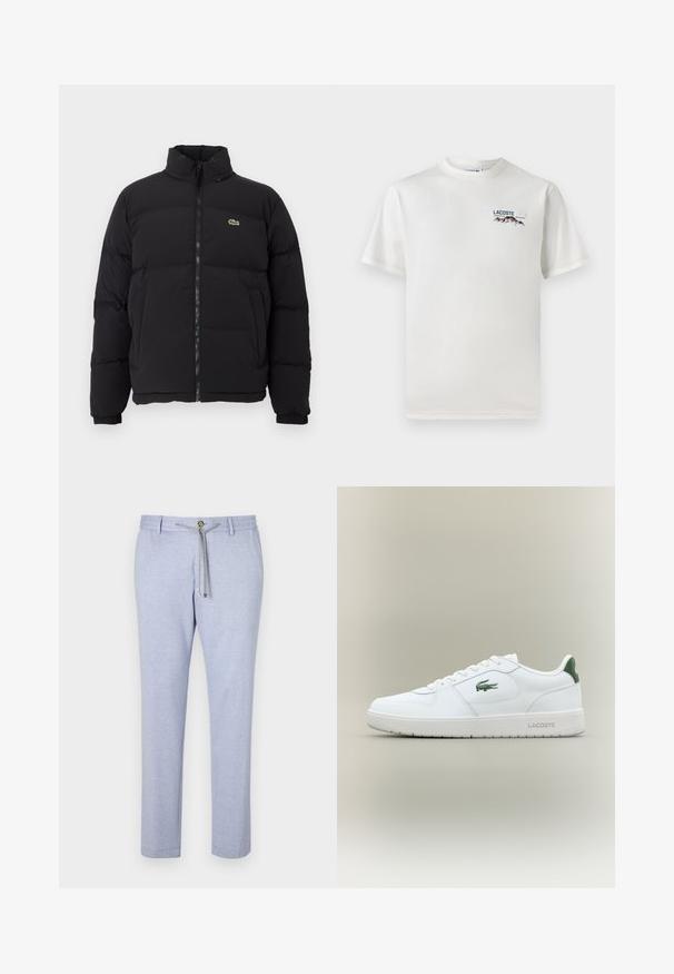 Melnā pūkainā jaka ar augstu apkakli, priekšējo rāvējslēdzēju un mazu zaļu logotipu. Iezīmējas ar kviltētām sekcijām un elastīgām aprocēm.; Balts kokvilnas T-krekls ar apaļu kakla izgriezumu, īsām piedurknēm un mazu izšūtu logo ar kalniem un tekstu kreisajā krūtīs.; Gaiši zili ikdienas bikses, izgatavotas no mīksta auduma, ar aukliņu aizdari, pogu akcentu un sašaurinātu kāju dizainu ar gludu tekstūru.; Baltas ādas sneakers ar gludu apdari, zaļiem akcentiem uz papēža un zaļu logotipu sānos. Iezīmē platu zoli un apaļu pirkstu.