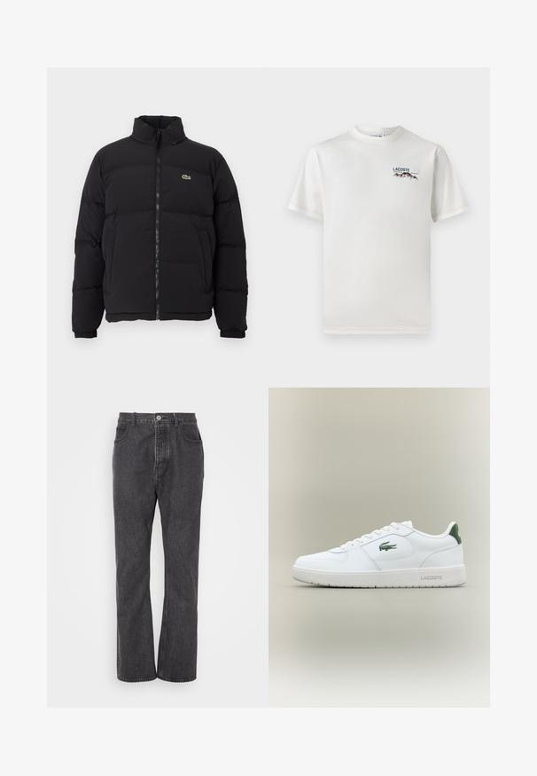Črna napihljiva jakna z visokim ovratnikom, sprednjim zadrgo in majhnim zelenim logotipom. Ima prešite dele in elastične manšete.; Bela bombažna majica s krožnim ovratnikom, kratkimi rokavi in majhnim izvezenim logotipom, ki vsebuje gore in besedilo na levi prsni strani.; Črne kavbojke iz denima s ravnim krojem, z zapiranjem na gumb spredaj, zankami za pas in diskretnim zbledeljem za teksturo.; Bela usnjena tenisačka obutev s gladko površino, z zelenimi poudarki na peti in zelenim logotipom ob strani. Ima ravno podplat in okroglo konico.