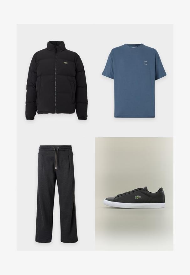 Black puffer jacket with a high collar, front zipper, and a small green logo. Features quilted sections and elasticized cuffs.; Blue cotton t-shirt with a classic crew neck, short sleeves, relaxed fit, and two small printed logos on the chest. Smooth texture.; Dark gray joggers with a soft texture, elastic waistband, drawstring closure, and side seams featuring contrasting accents. Wide-leg design.; Black leather sneakers with white rubber sole, featuring a green crocodile logo and round laces, sleek design with smooth texture.