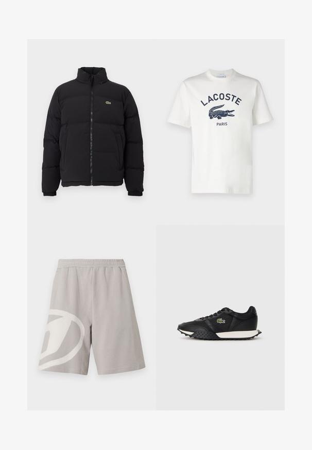 Chaqueta de plumas negra con cuello alto, cremallera frontal y un pequeño logotipo verde. Presenta secciones acolchadas y puños elásticos.; Camiseta de algodón blanca con mangas cortas, que presenta un logo de Lacoste en color marino y un gráfico de cocodrilo centrado en el pecho. Textura suave.; Pantalones cortos casuales de color gris claro con cintura elástica y diseño abstracto grande en blanco en la pierna izquierda, mostrados sobre un fondo blanco.; Zapatillas negras con un acabado de cuero suave, con una suela de goma texturizada, una entresuela blanca y un logotipo bordado en verde en el lado.