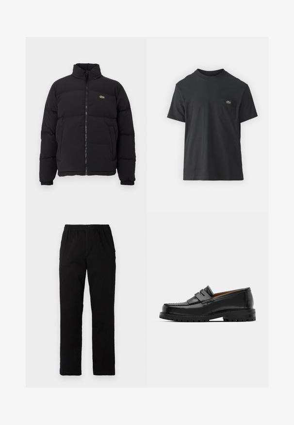 Schwarze Pufferjacke mit hohem Kragen, Frontreißverschluss und kleinem grünen Logo. Verfügt über gesteppten Bereiche und elastische Bündchen.; Schwarz Baumwoll-T-Shirt mit kurzen Ärmeln, rundem Ausschnitt und einem kleinen grünen Logo auf der linken Brusttasche. Einfaches Design, reguläre Passform.; Schwarze Hosen aus einem Baumwollmischgewebe, mit geradem Schnitt, elastischem Bund mit Knopf und ohne sichtbare Muster oder Akzente.; Schwarze Lederloafer verfügen über eine erhöhte Naht, zwei dekorative Riemen im oberen Bereich und eine dicke, strukturierte Sohle für zusätzlichen Halt.