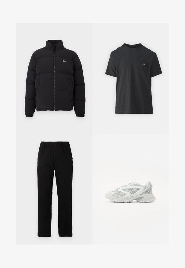 Black puffer jacket with a high collar, front zipper, and a small green logo. Features quilted sections and elasticized cuffs.; Black cotton t-shirt with short sleeves, round neckline, and a small green logo on the left chest pocket. Simple design, regular fit.; Black pants made of cotton blend fabric, featuring a straight cut, elastic waistband with button, and no visible patterns or accents.; White athletic shoe with mesh detailing, a textured sole, and smooth accents. Features a rounded toe and a padded collar for comfort.