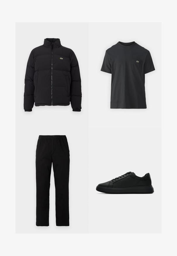 Jachetă pufă neagră cu guler înalt, fermoar frontal și un mic logo verde. Prezintă secțiuni quilted și mânși elasticizate.; Tricou din bumbac negru, cu mâneci scurte, decolteu rotund și un mic logo verde pe buzunarul stâng al pieptului. Design simplu, fit normal.; Pantaloni negri dintr-un material textil amestecat de bumbac, cu croială dreaptă, talie elastică cu nasture și fără modele sau accente vizibile.; Tenisii negri cu vârf jos, având un model tonal "CK", design cu șireturi și talpă groasă, pe un fundal alb.