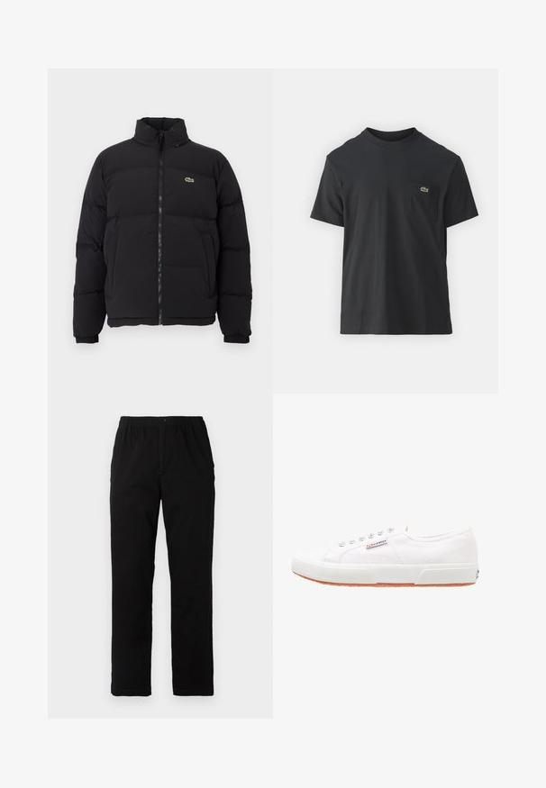 Black puffer jacket with a high collar, front zipper, and a small green logo. Features quilted sections and elasticized cuffs.; Black cotton t-shirt with short sleeves, round neckline, and a small green logo on the left chest pocket. Simple design, regular fit.; Black pants made of cotton blend fabric, featuring a straight cut, elastic waistband with button, and no visible patterns or accents.; White canvas sneakers with a rubber sole, lace-up design, and a small logo label on the side. Textured white upper and brown outsole.