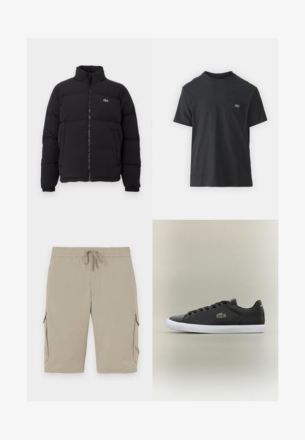 Črna napihljiva jakna z visokim ovratnikom, sprednjim zadrgo in majhnim zelenim logotipom. Ima prešite dele in elastične manšete.; Črna bombažna majica s kratkimi rokavi, okroglo ovratnikom in majhnim zelenim logotipom na levem žepu. Preprost dizajn, redna prileganje.; Bež kratke hlače s cargo stilom, z elastičnim pasom in vrvico. Imajo stranske žepe in gladko, lahko tkanino.; Črne usnjene superge z belo gumijasto podplatom, z zelenim krokodiljim logotipom in okroglimi vezalkami, elegantna zasnova z gladko teksturo.
