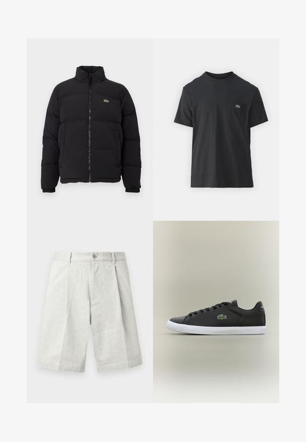 Doudoune noire avec un col haut, une fermeture éclair à l'avant et un petit logo vert. Comprend des sections matelassées et des poignets élastiqués.; T-shirt en coton noir à manches courtes, col rond, avec un petit logo vert sur la poche gauche de la poitrine. Design simple, coupe regular.; Shorts gris clair en tissu texturé, dotés d'une fermeture à bouton, de plis et d'une coupe droite, adaptés à une tenue décontractée.; Baskets en cuir noir avec semelle en caoutchouc blanche, présentant un logo crocodile vert et des lacets ronds, au design élégant avec une texture lisse.