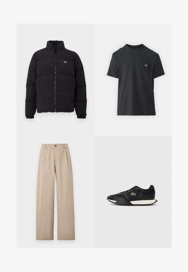 Mustapuffatakki korkealla kauluksella, edessä vetoketju ja pieni vihreä logo. Sisältää tikattuja osia ja joustavat hihansuut.; Mustat puuvillapaidat, joissa on lyhyet hihat, pyöreä pääntie ja pieni vihreä logo vasemmassa rintataskussa. Yksinkertainen muotoilu, normaali istuvuus.; Beige leveleggsbukser med teksturert overflate, med folder og elastisk midje, sikret med en bronseknapp foran.; Musta lenkkarit, joissa on sileä nahkapinta, varustettu teksturoidulla kumipohjalla, valkoisella välipohjalla ja vihreällä brodeeratulla logolla sivussa.