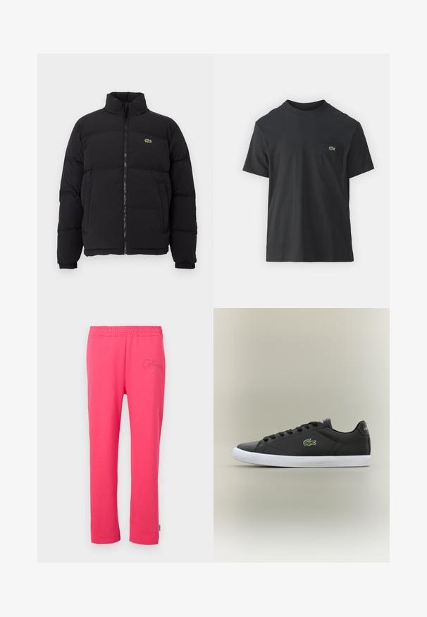 Črna napihljiva jakna z visokim ovratnikom, sprednjim zadrgo in majhnim zelenim logotipom. Ima prešite dele in elastične manšete.; Črna bombažna majica s kratkimi rokavi, okroglo ovratnikom in majhnim zelenim logotipom na levem žepu. Preprost dizajn, redna prileganje.; Roze bombažne hlače za prosti čas z elastičnim pasom in vezenim logotipom na sprednji strani. Imajo dizajn s ravnimi nogavicami.; Črne usnjene superge z belo gumijasto podplatom, z zelenim krokodiljim logotipom in okroglimi vezalkami, elegantna zasnova z gladko teksturo.