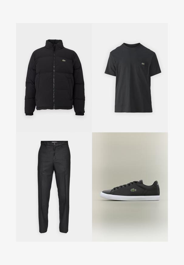 Svart pufferjacka med hög krage, framdragkedja och en liten grön logotyp. Har quiltade sektioner och elastiska ärmslut.; Svart bomullströja med korta ärmar, rund halsringning och en liten grön logotyp på vänster bröstficka. Enkelt mönster, vanlig passform.; Svarta byxor i ett slätt tyg, med knappstängning fram, raka ben och utan synliga fickor eller mönster.; Svarta lädersneakers med vit gummisula, med en grön krokodil-logotyp och runda snörningar, slankt design med slät textur.