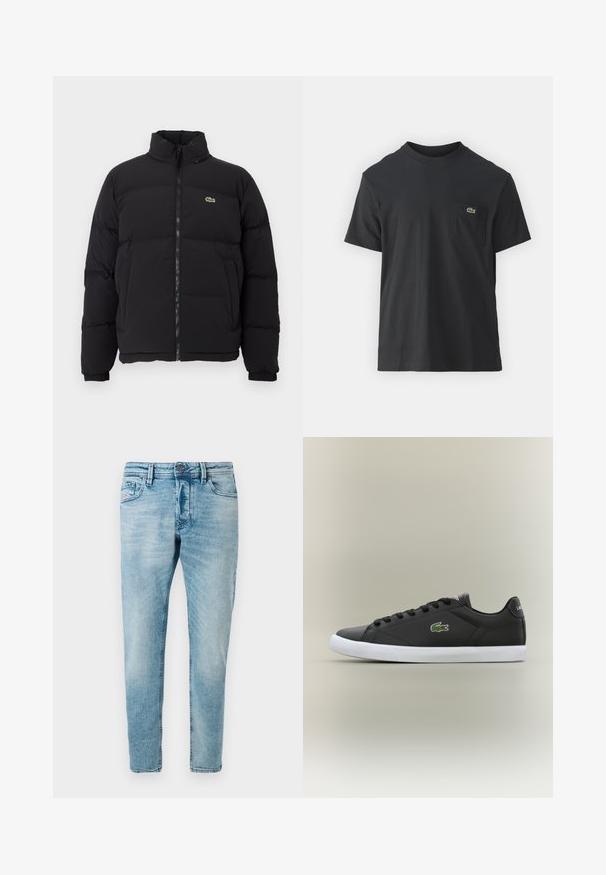 Must küll puffer-jope kõrge kraega, esine tõmblukk ning väike roheline logo. Omab tikitud osi ja elastseid mansette.; Must musta T-särk lühikeste varrukatega, ümmarguse kaelusega ja väikese rohelise logoga vasakus rinnataskus. Lihtne disain, regulaarne lõige.; Heledad sinise värvi teksapüksid, millel on kitsas lõige, esiküljel on taskud ja nööp-kinnitus. Kanga pind on pehme ja tekstureeritud.; Mustad mustad nahast tennisetossud valge kummist tallaga, millel on roheline krokodillilogo ja ümmargused paelad, stiilne disain sujuva tekstuuriga.