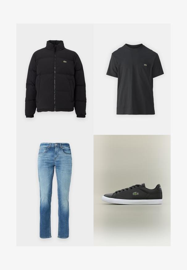 Fekete puffernadrág magas gallérral, elülső cipzárral és egy kicsi zöld logóval. Steppelt részekkel és rugalmas mandzsettákkal rendelkezik.; Fekete pamut póló rövid ujjakkal, kerek nyakú, bal oldalon egy kis zöld logóval a zseb fölött. Egyszerű dizájn, normál szabású.; Világoskék farmernadrág, egyenes szárú fazonnal, öt zsebbel, finom kopással a combokon, és klasszikus gombos záródással a deréknál.; Fekete bőr sportcipők fehér gumitalppal, zöld krokodil logóval és kerek fűzőkkel, elegáns dizájn sima felülettel.
