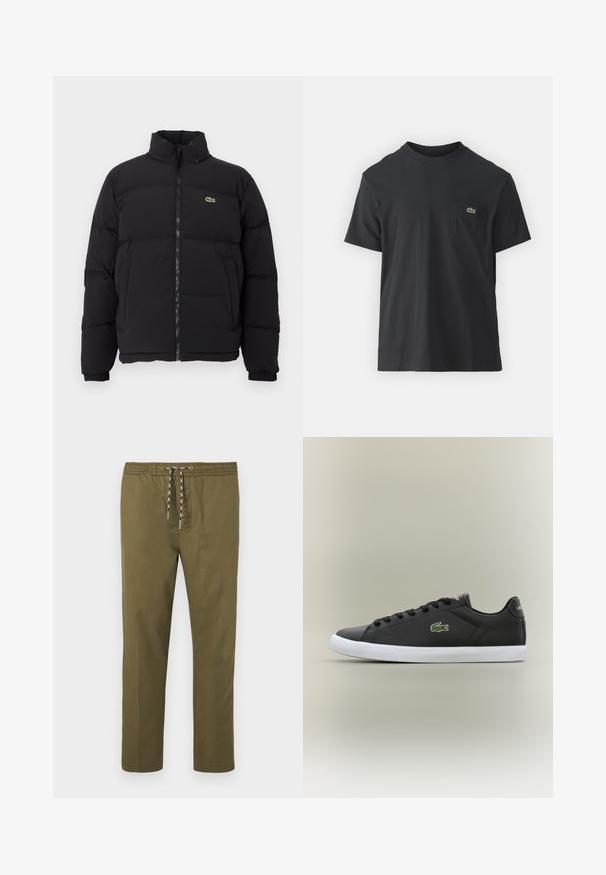 Giacca piumino nera con colletto alto, zip frontale e un piccolo logo verde. Presenta sezioni trapuntate e polsini elasticizzati.; T-shirt in cotone nero con maniche corte, scollatura rotonda e un piccolo logo verde sul taschino sinistro. Design semplice, vestibilità regolare.; Pantaloni verde oliva con vita elastica e cordoncino regolabile. Design a gamba dritta; il tessuto ha una consistenza liscia e morbida.; Sneaker nere in pelle con suola in gomma bianca, dotate di logo verde a forma di coccodrillo e lacci rotondi, design elegante con texture liscia.