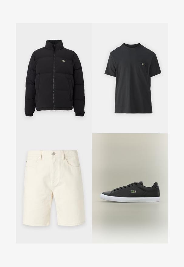 Μαύρο μπουφάν πούφφας με ψηλό γιακά, μπροστινό φερμουάρ και μικρό πράσινο λογότυπο. Διαθέτει καπιτονέ τμήματα και ελαστικούς καρπούς.; Μαύρο βαμβακερό t-shirt με κοντά μανίκια, στρογγυλή λαιμόκοψη και μικρό πράσινο λογότυπο στην αριστερή τσέπη του στήθους. Απλός σχεδιασμός, κανονική εφαρμογή.; Απαλά μπεζ τζιν σορτς με κλασική γραμμή, διαθέτοντας μπροστινές τσέπες, βρόχους για ζώνη και κλείσιμο με κουμπί. Λείος υλικό με σταθερό χρώμα.; Μαύρα δερμάτινα sneakers με λευκή καουτσούκ σόλα, με χαρακτηριστικό το πράσινο λογότυπο κροκόδειλου και στρογγυλά κορδόνια, κομψός σχεδιασμός με λείο υφή.